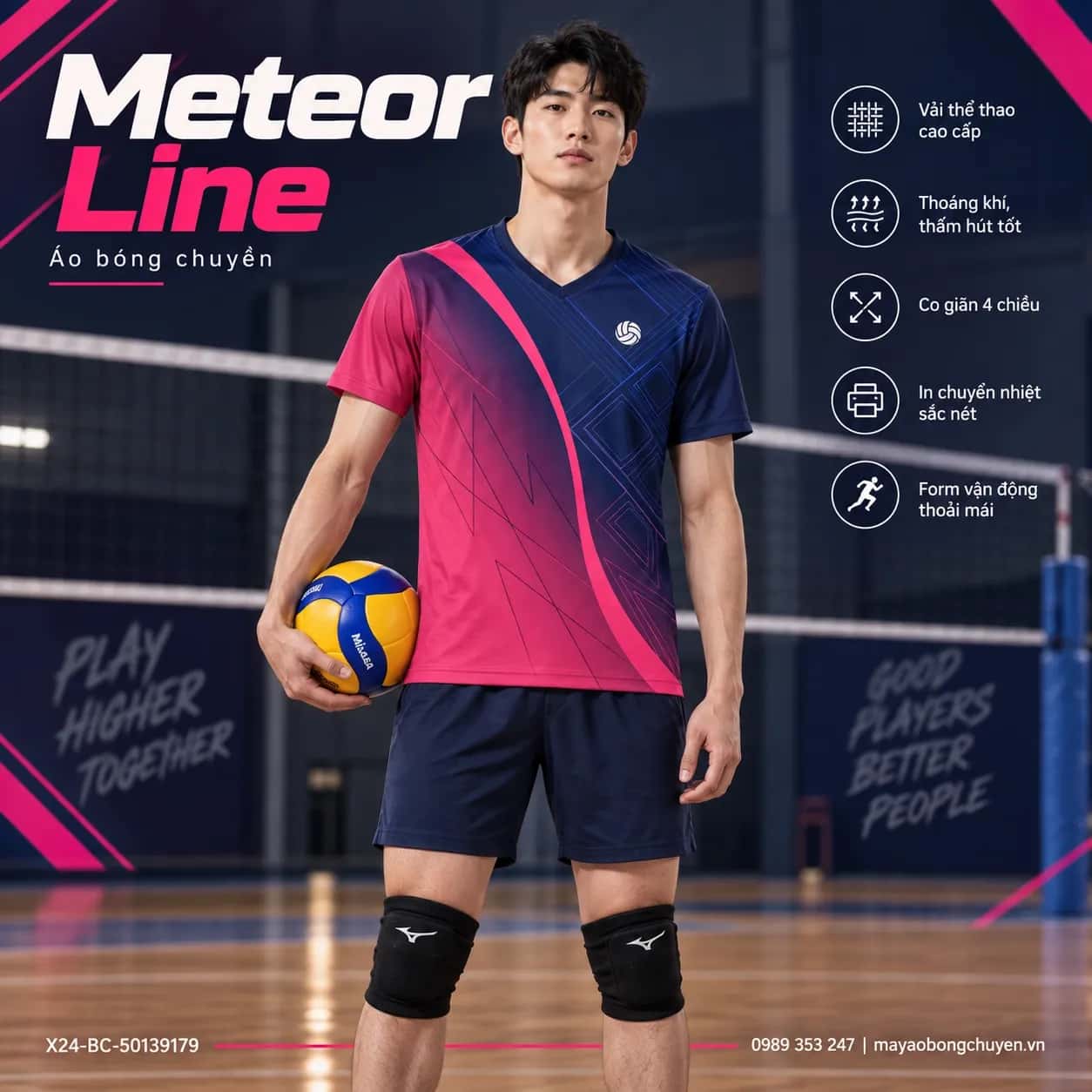 Áo bóng chuyền Meteor Line phối xanh navy và hồng đặt đội