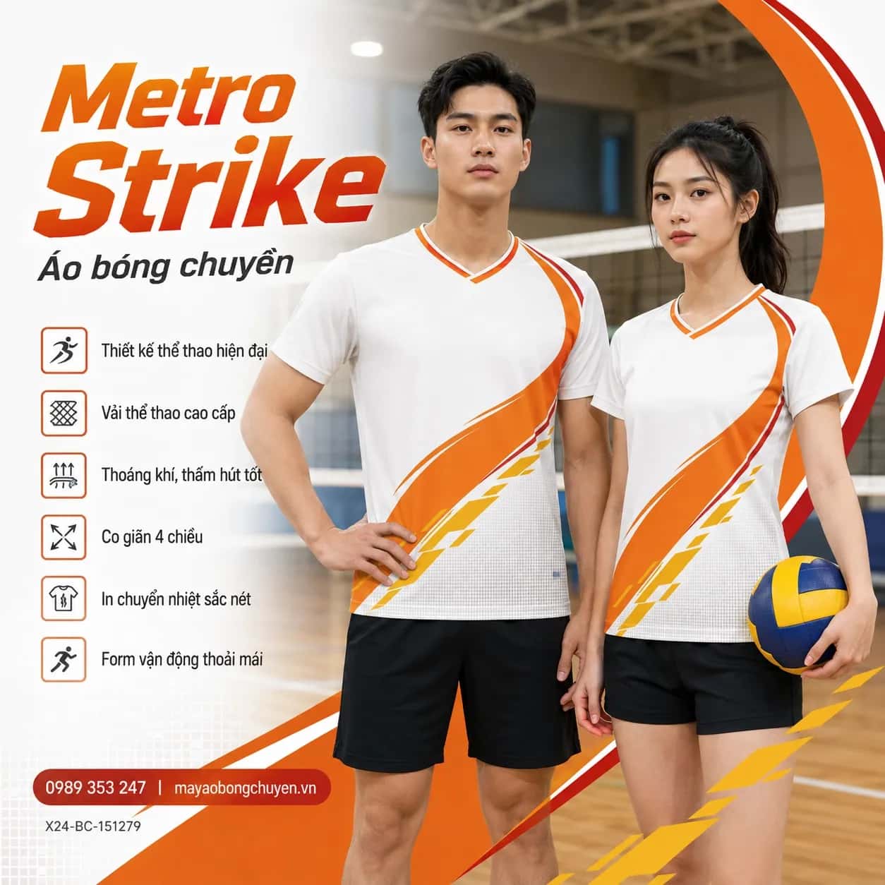Áo bóng chuyền Metro Strike phối trắng, cam cháy, đỏ crimson và vàng mustard đặt may cho đội