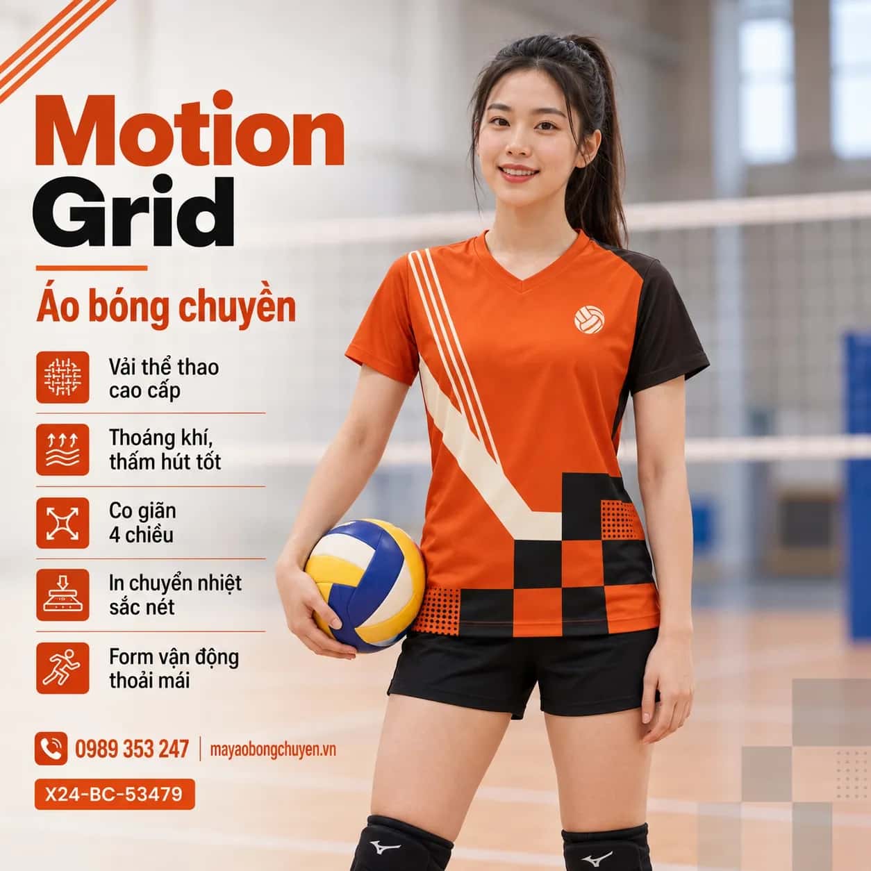 Áo bóng chuyền Motion Grid cam cháy phối đen đặt may cho đội