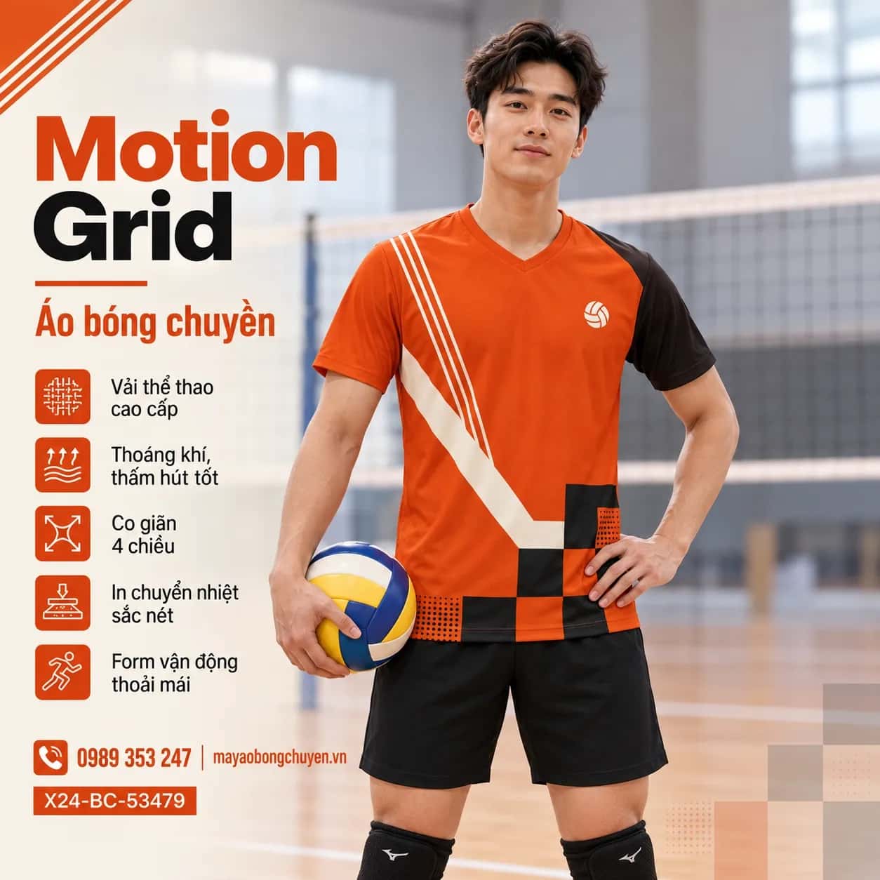 Áo bóng chuyền Motion Grid cam cháy phối đen đặt may cho đội