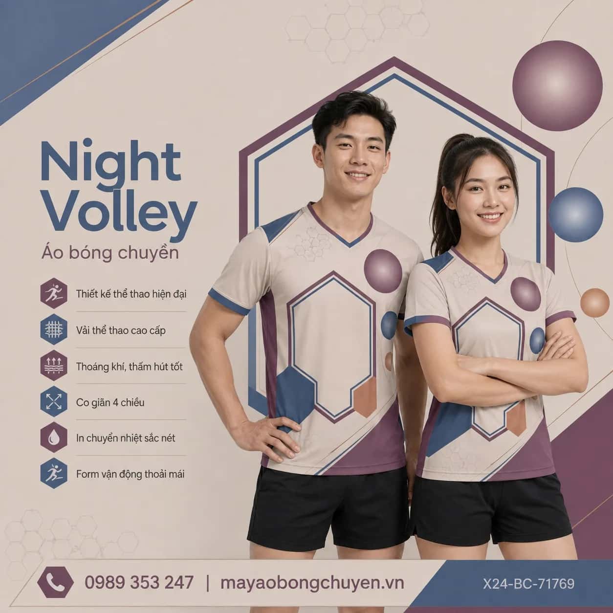 Áo bóng chuyền Night Volley phối tím plum bụi xanh denim đặt đội