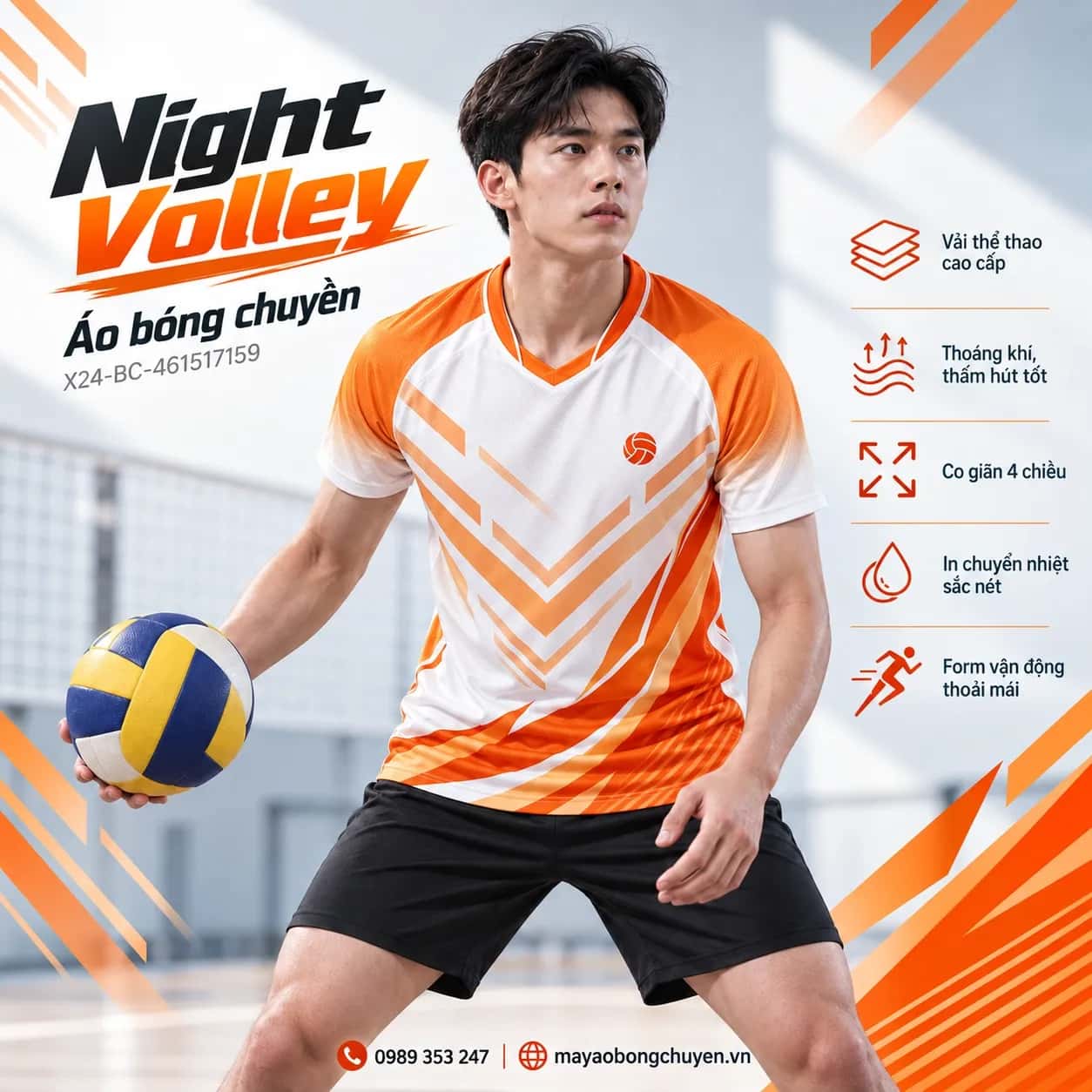 Áo bóng chuyền Night Volley phối trắng cam đặt đội
