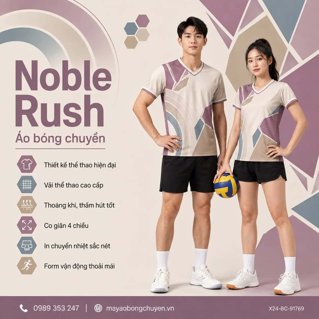 Áo bóng chuyền Noble Rush phối tím mauve xanh teal bụi đặt đội