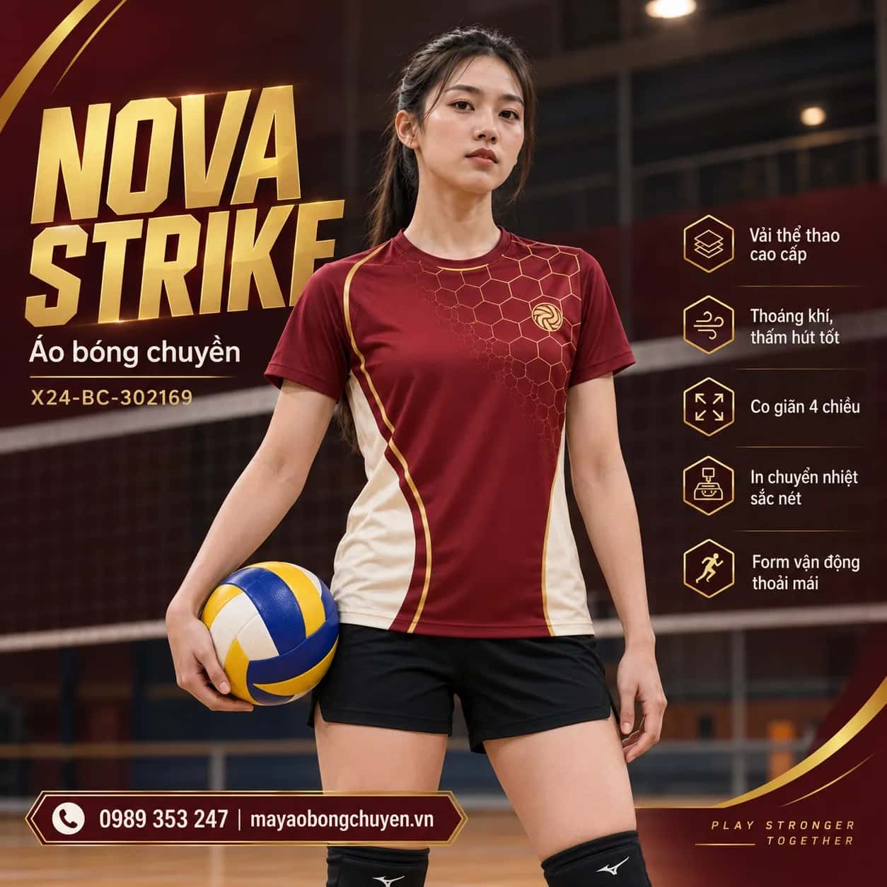 Áo bóng chuyền Nova Strike burgundy họa tiết lục giác