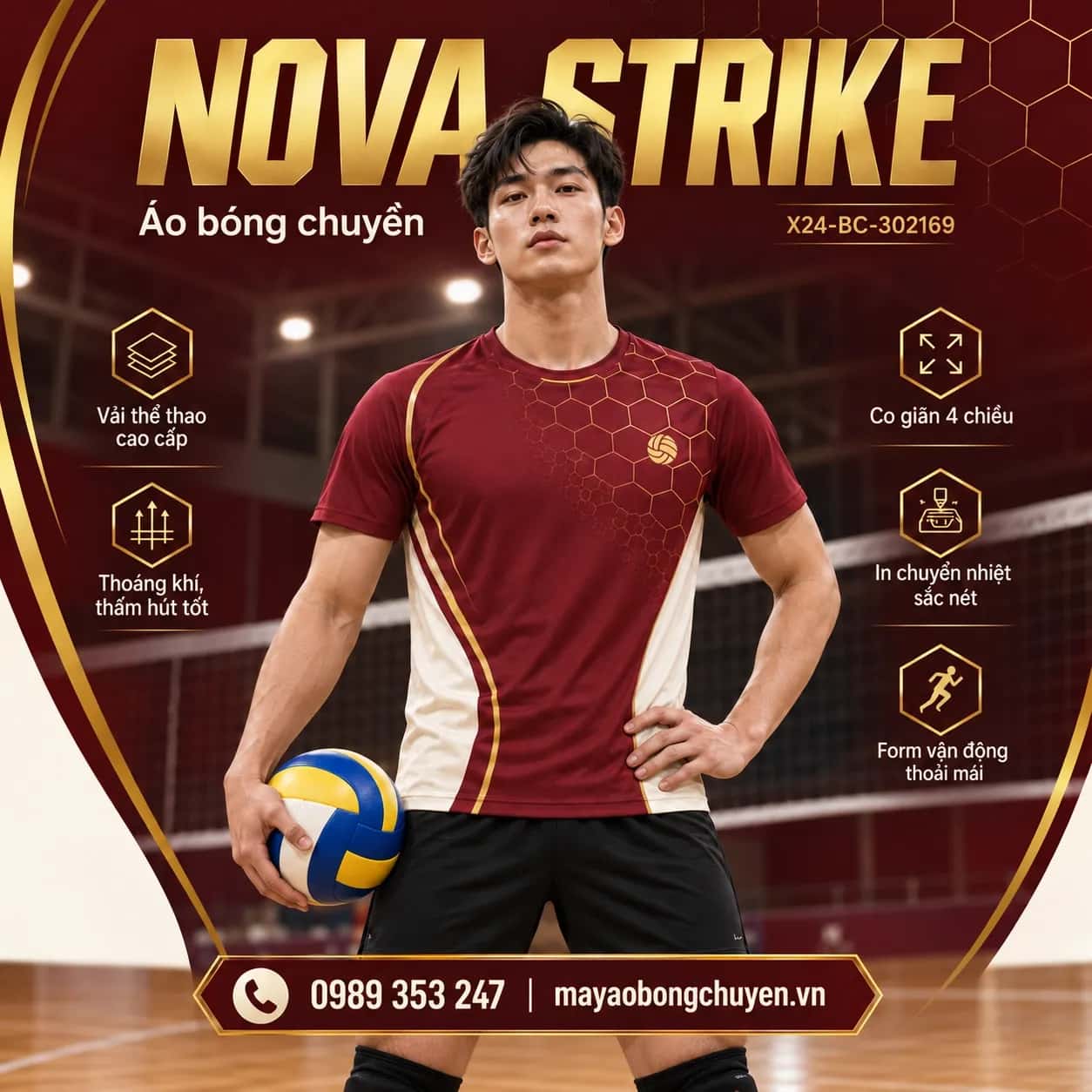 Áo bóng chuyền Nova Strike burgundy họa tiết lục giác