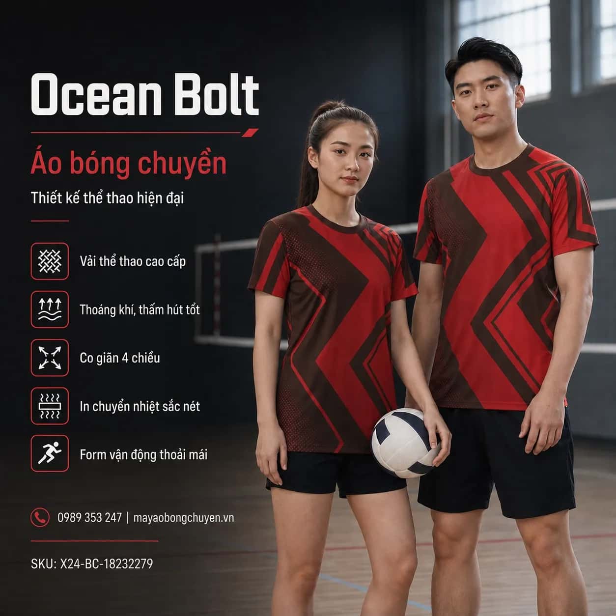 Áo bóng chuyền Ocean Bolt phối đỏ crimson nâu cacao đặt đội