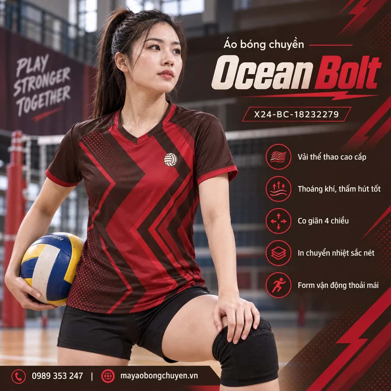 Áo bóng chuyền Ocean Bolt phối đỏ crimson nâu cacao đặt đội