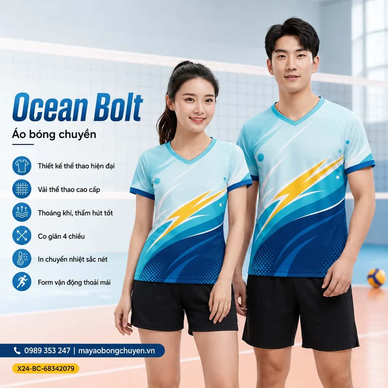 Áo bóng chuyền Ocean Bolt phối thiên thanh ngọc lam đặt đội
