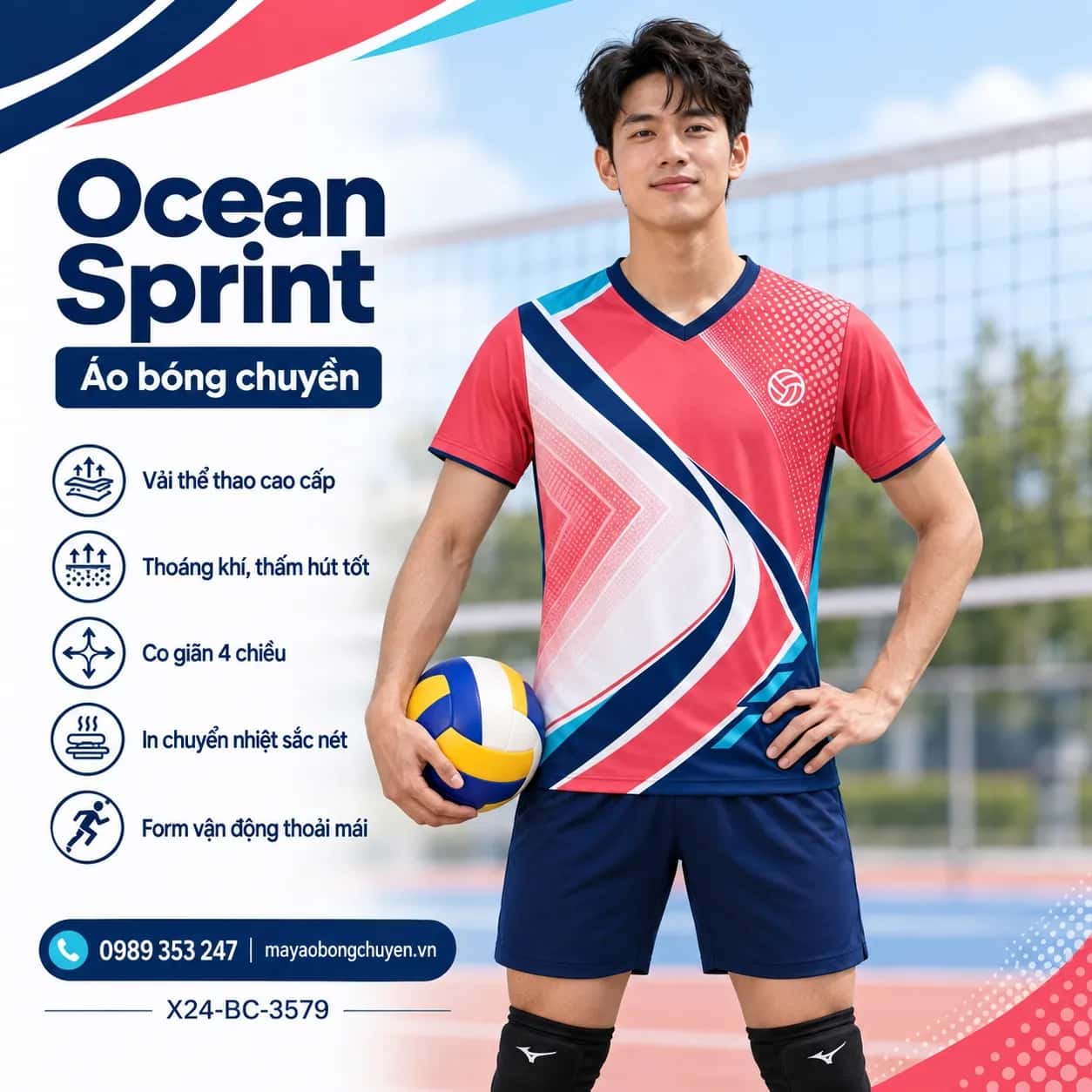 Áo bóng chuyền Ocean Sprint hồng san hô phối trắng đặt may cho đội