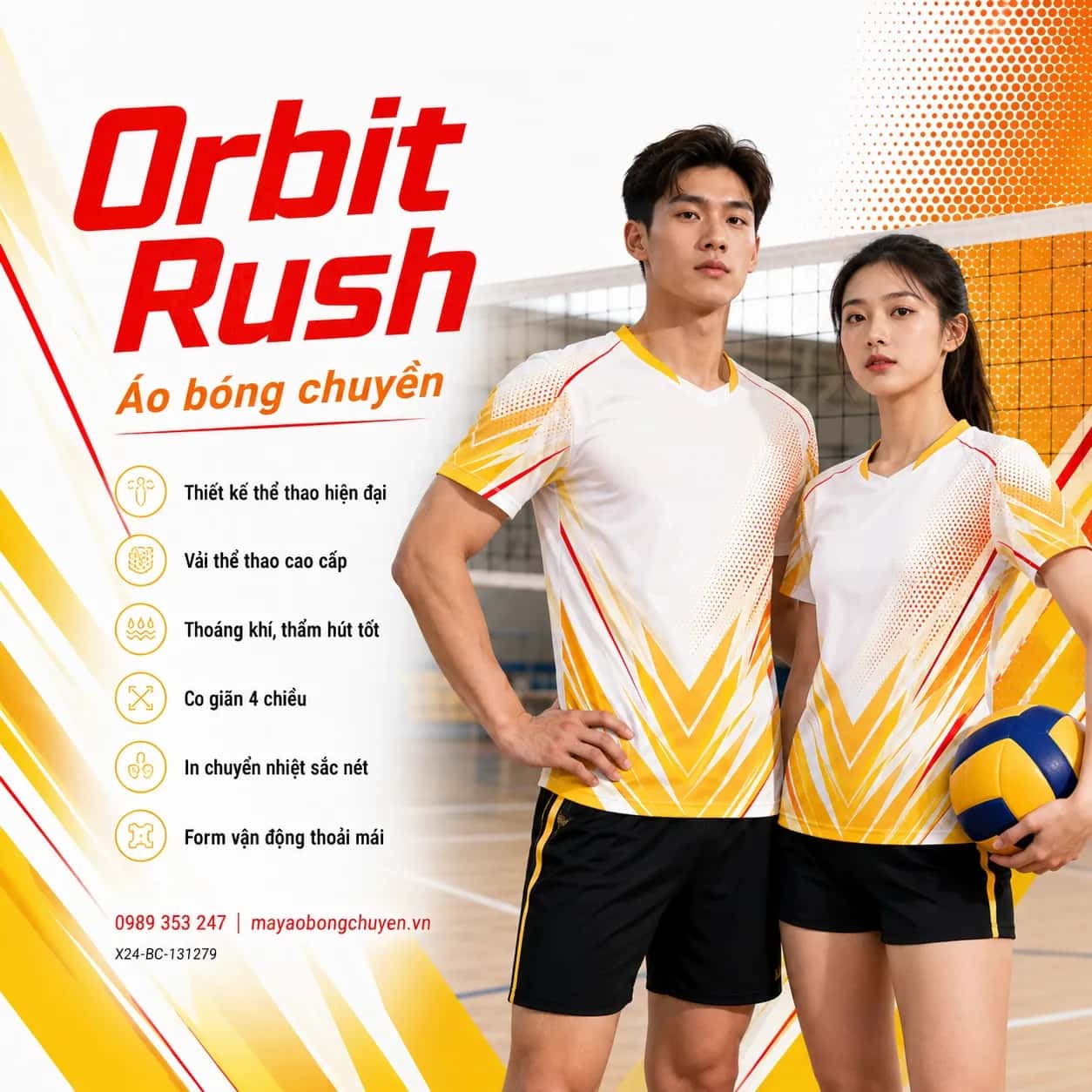 Áo bóng chuyền Orbit Rush phối trắng, vàng gold, đỏ và cam đặt may cho đội