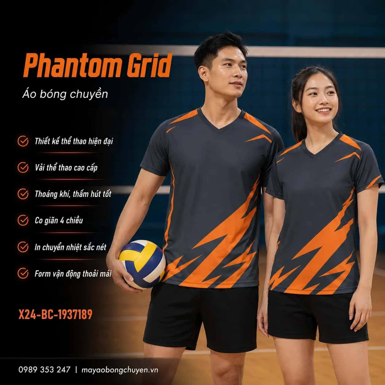 Áo bóng chuyền Phantom Grid phối xám graphite cam rực đặt đội