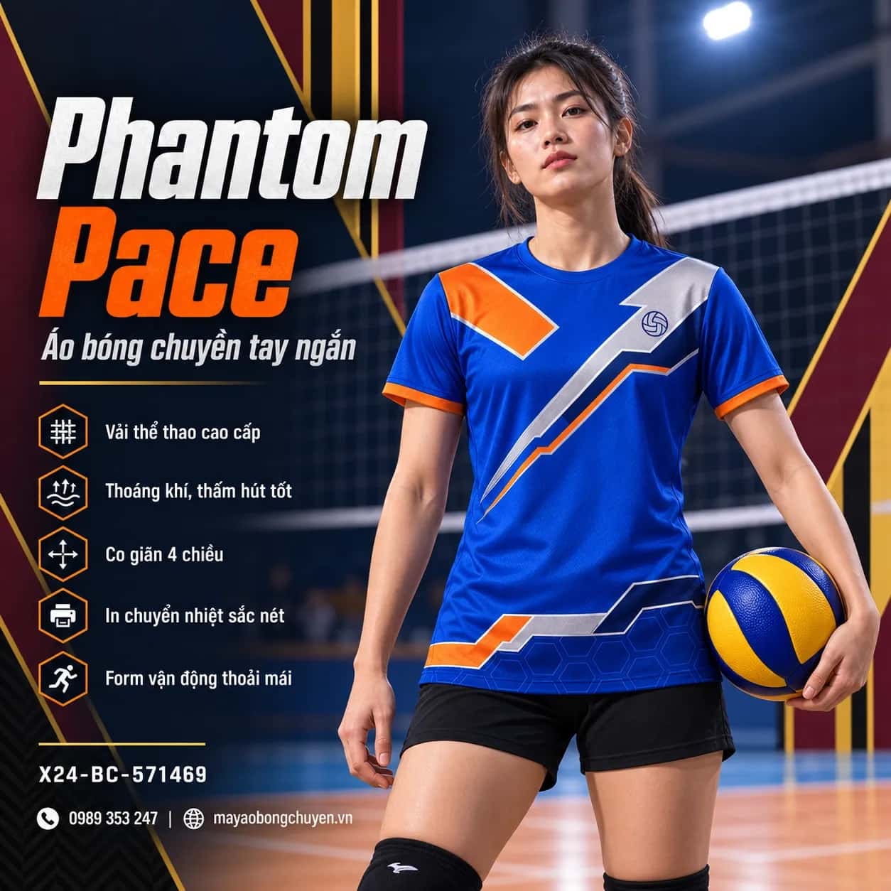 Áo bóng chuyền Phantom Pace phối Xanh royal - Cam đặt đội