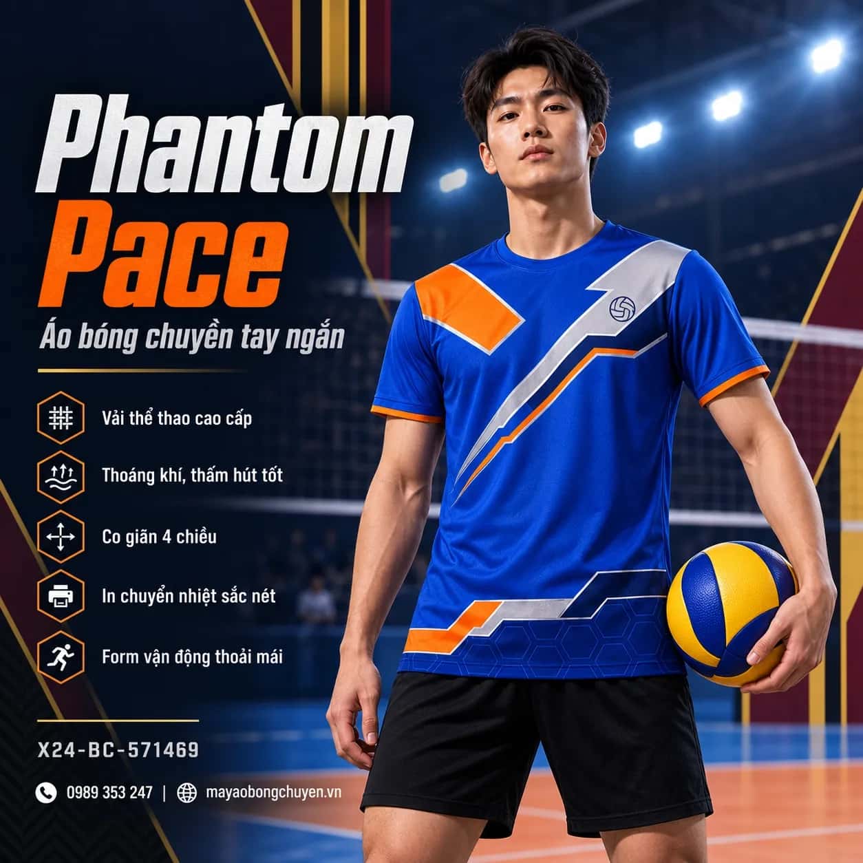 Áo bóng chuyền Phantom Pace phối Xanh royal - Cam đặt đội