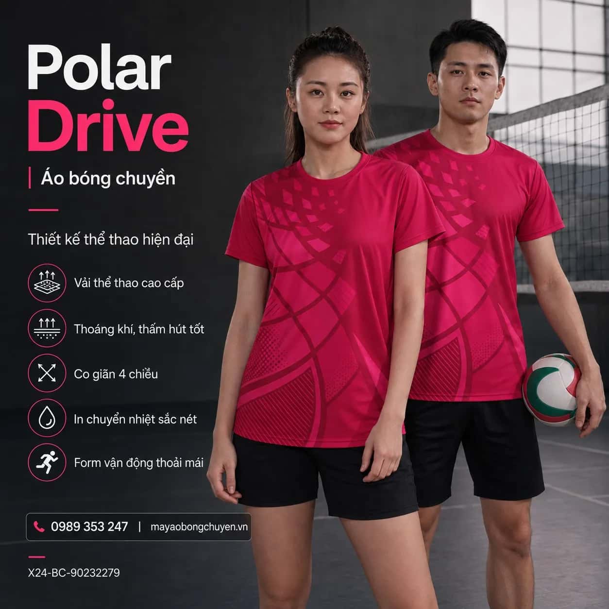 Áo bóng chuyền Polar Drive phối đỏ crimson hồng magenta đặt đội