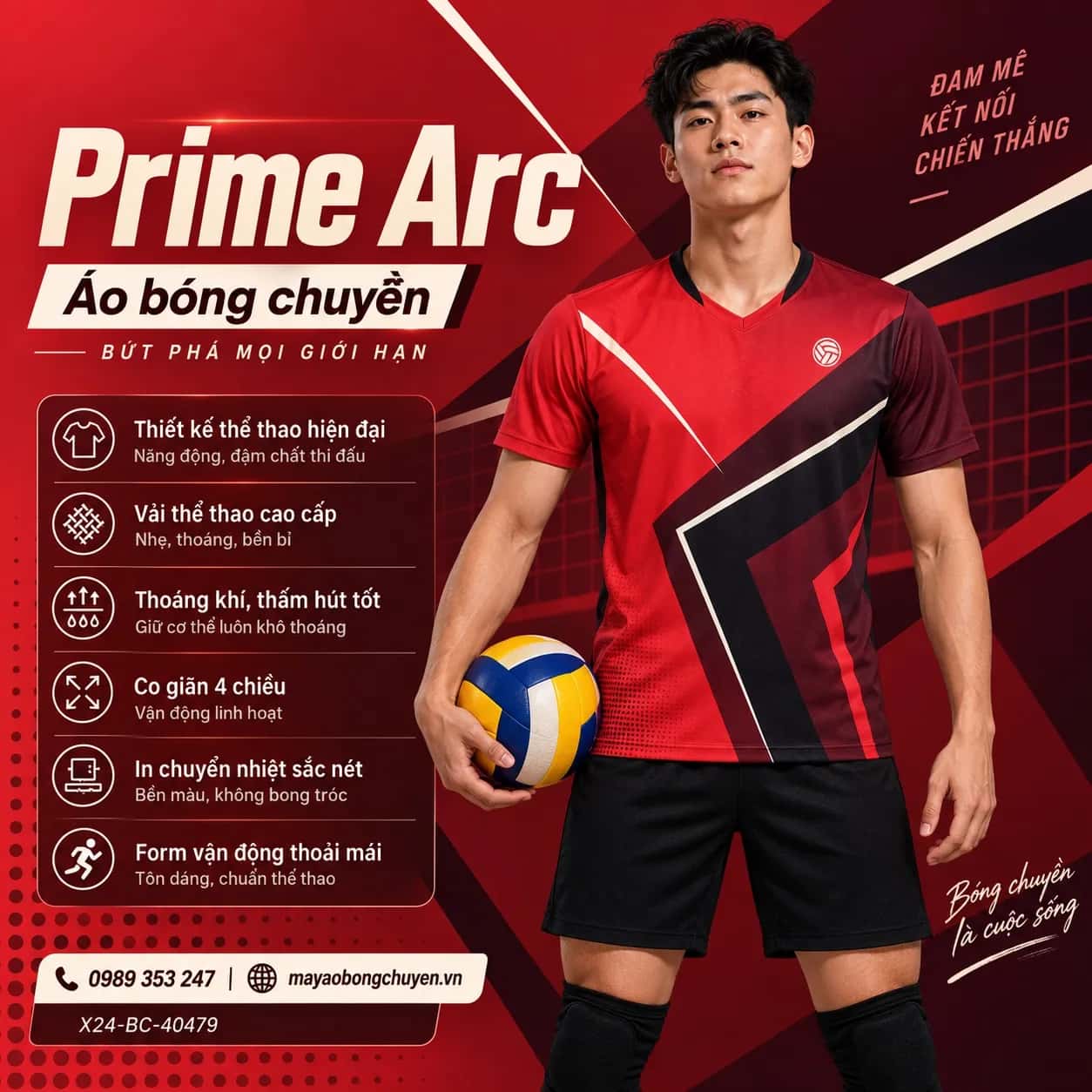 Áo bóng chuyền Prime Arc đỏ san hô phối đỏ burgundy đặt may cho đội