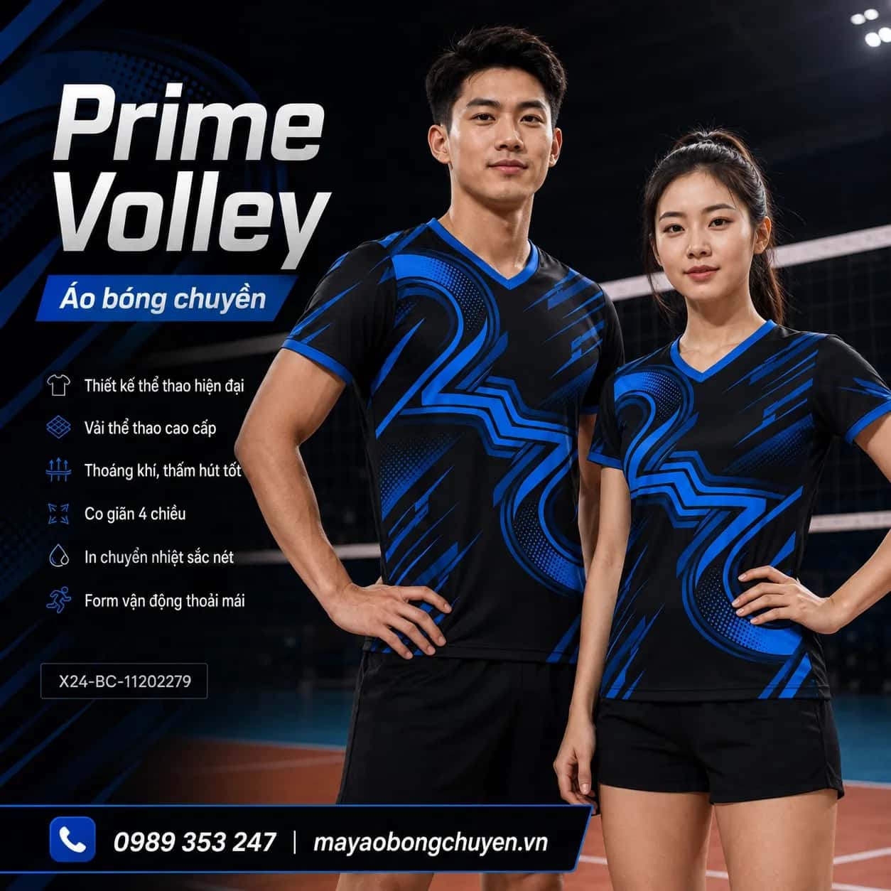 Áo bóng chuyền Prime Volley phối đen xanh cobalt đặt đội