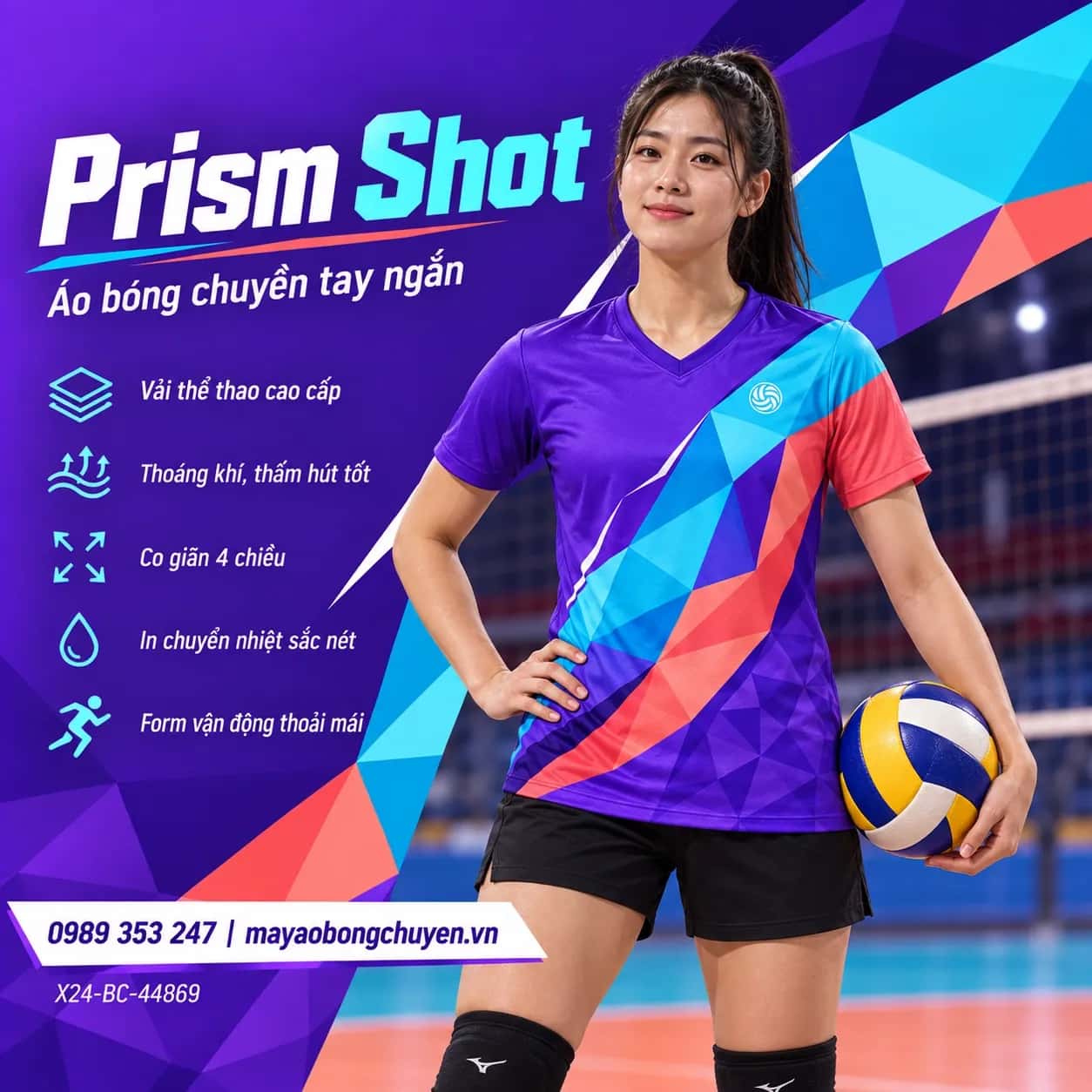 Áo bóng chuyền Prism tím phối cyan và san hô