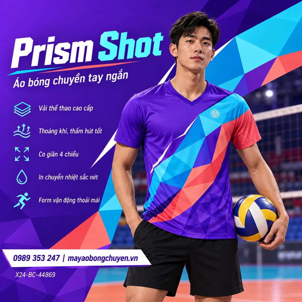 Áo bóng chuyền Prism tím phối cyan và san hô