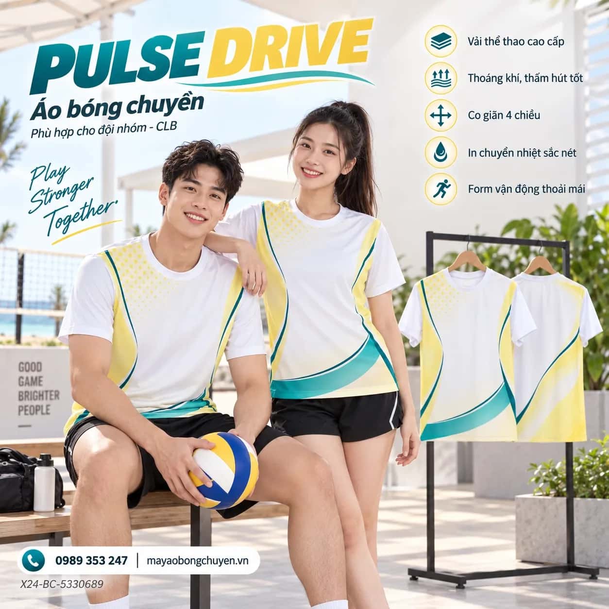 Áo bóng chuyền Pulse Drive phối vàng xanh teal đặt đội