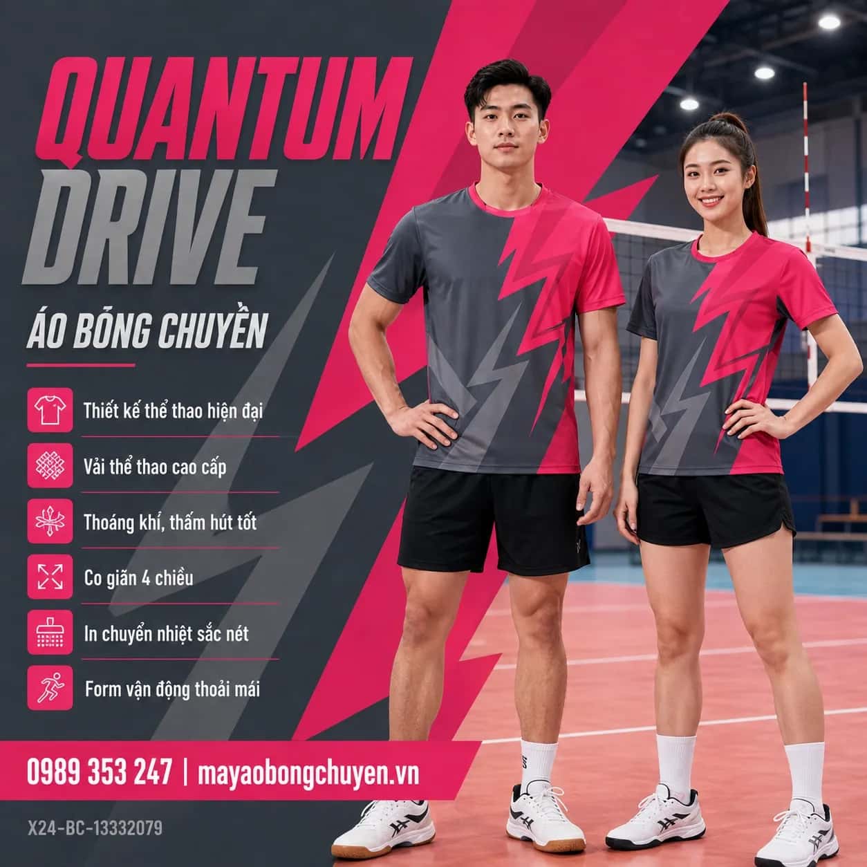Áo bóng chuyền Quantum Drive phối xám graphite hồng raspberry đặt đội
