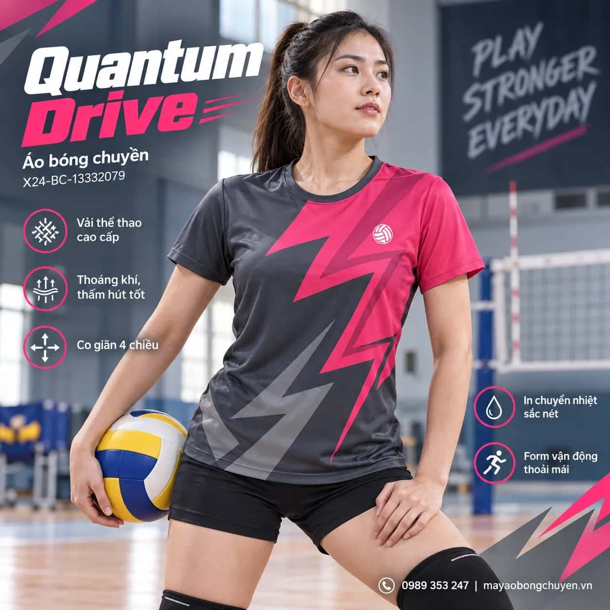 Áo bóng chuyền Quantum Drive phối xám graphite hồng raspberry đặt đội