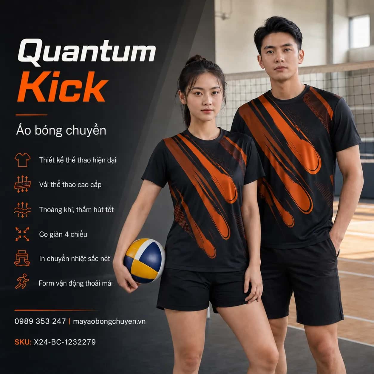Áo bóng chuyền Quantum Kick phối đen cam cháy đặt đội