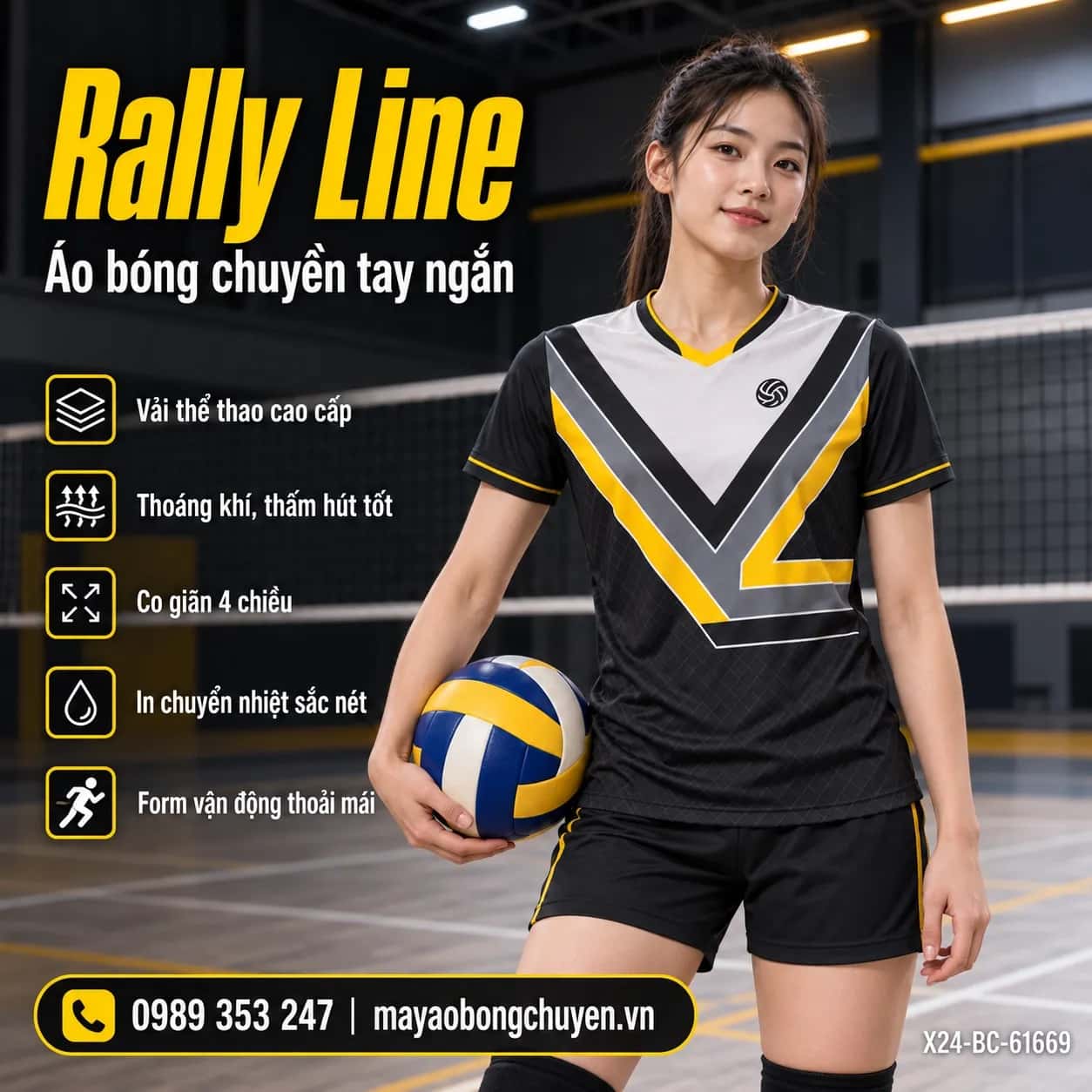 Áo bóng chuyền Rally Line phối Đen charcoal - Xám đặt đội