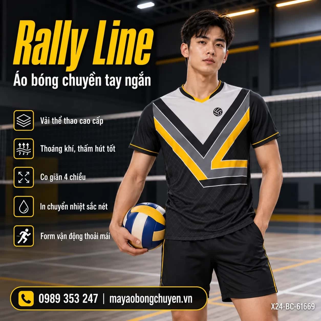 Áo bóng chuyền Rally Line phối Đen charcoal - Xám đặt đội