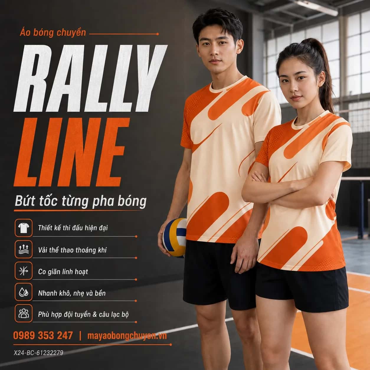 Áo bóng chuyền Rally Line phối cam cháy kem ấm đặt đội