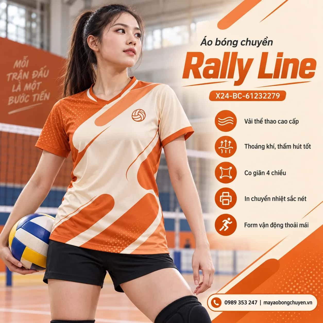 Áo bóng chuyền Rally Line phối cam cháy kem ấm đặt đội