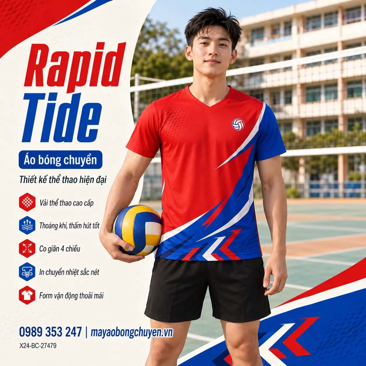 Áo bóng chuyền Rapid Tide đỏ xanh đặt may cho đội