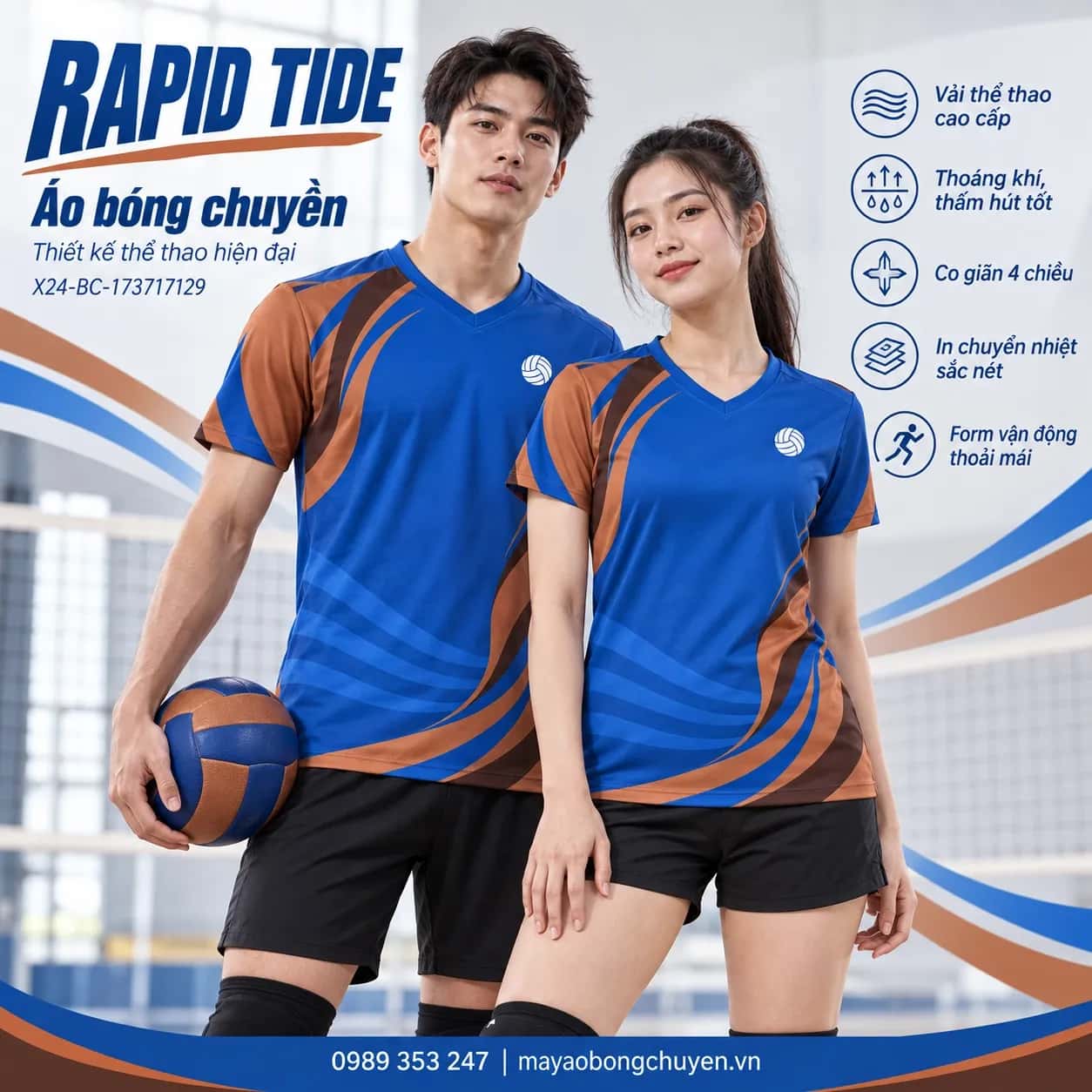 Áo bóng chuyền Rapid Tide phối xanh cobalt nâu terracotta đặt đội