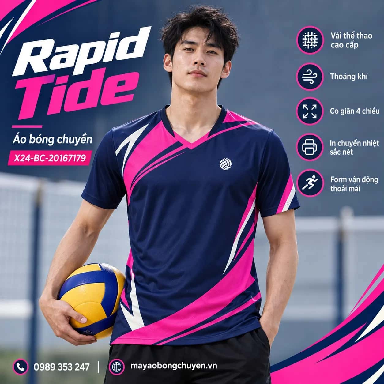 Áo bóng chuyền Rapid Tide phối xanh navy hồng đặt đội