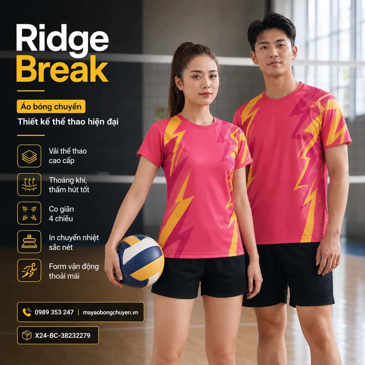 Áo bóng chuyền Ridge Break phối hồng raspberry vàng gold đặt đội
