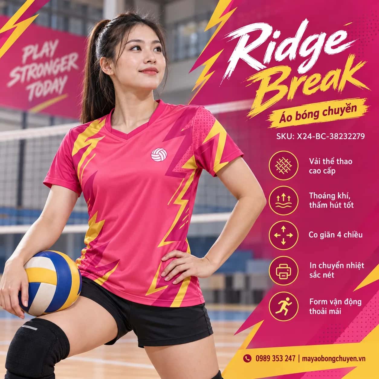 Áo bóng chuyền Ridge Break phối hồng raspberry vàng gold đặt đội