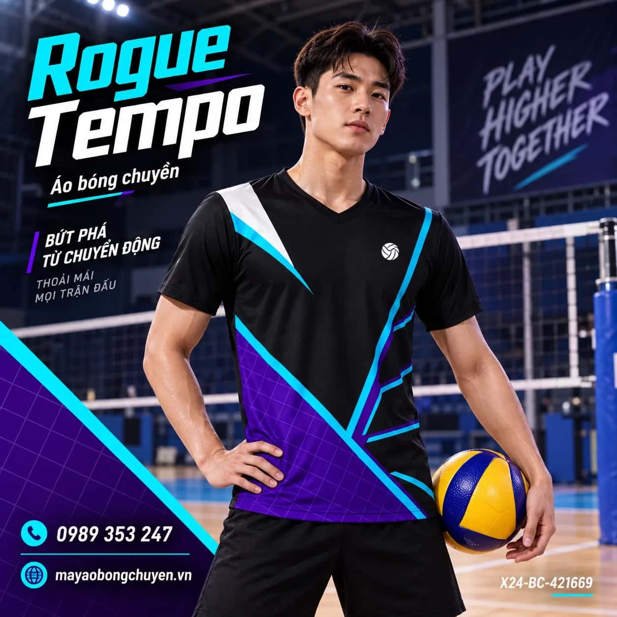 Áo bóng chuyền Rogue Tempo phối Tím đậm - Đen đặt đội