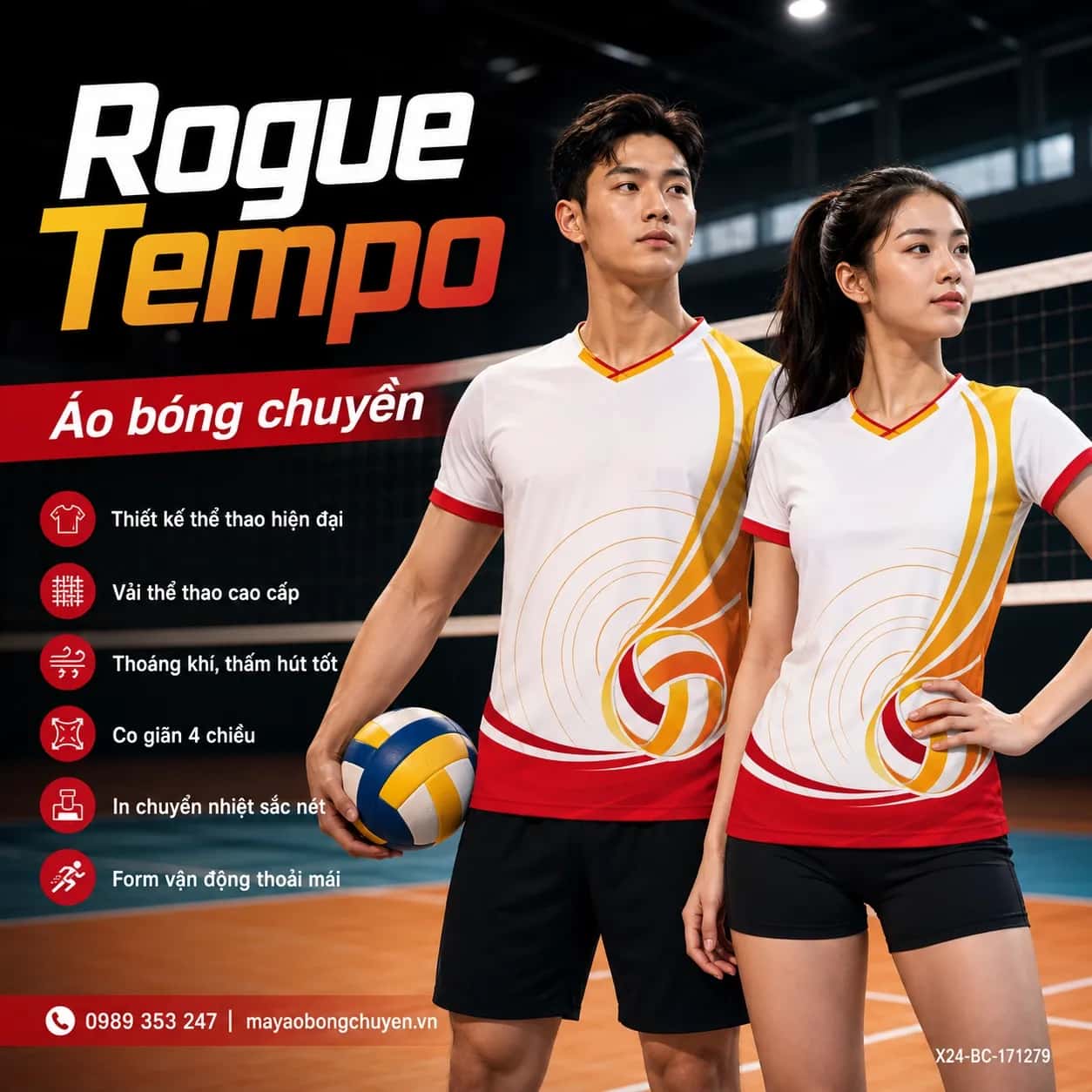 Áo bóng chuyền Rogue Tempo phối trắng, đỏ crimson, vàng hổ phách và cam đặt may cho đội