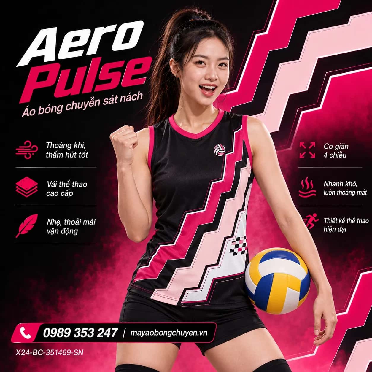 Áo bóng chuyền sát nách Aero Pulse phối đen hồng magenta đặt đội