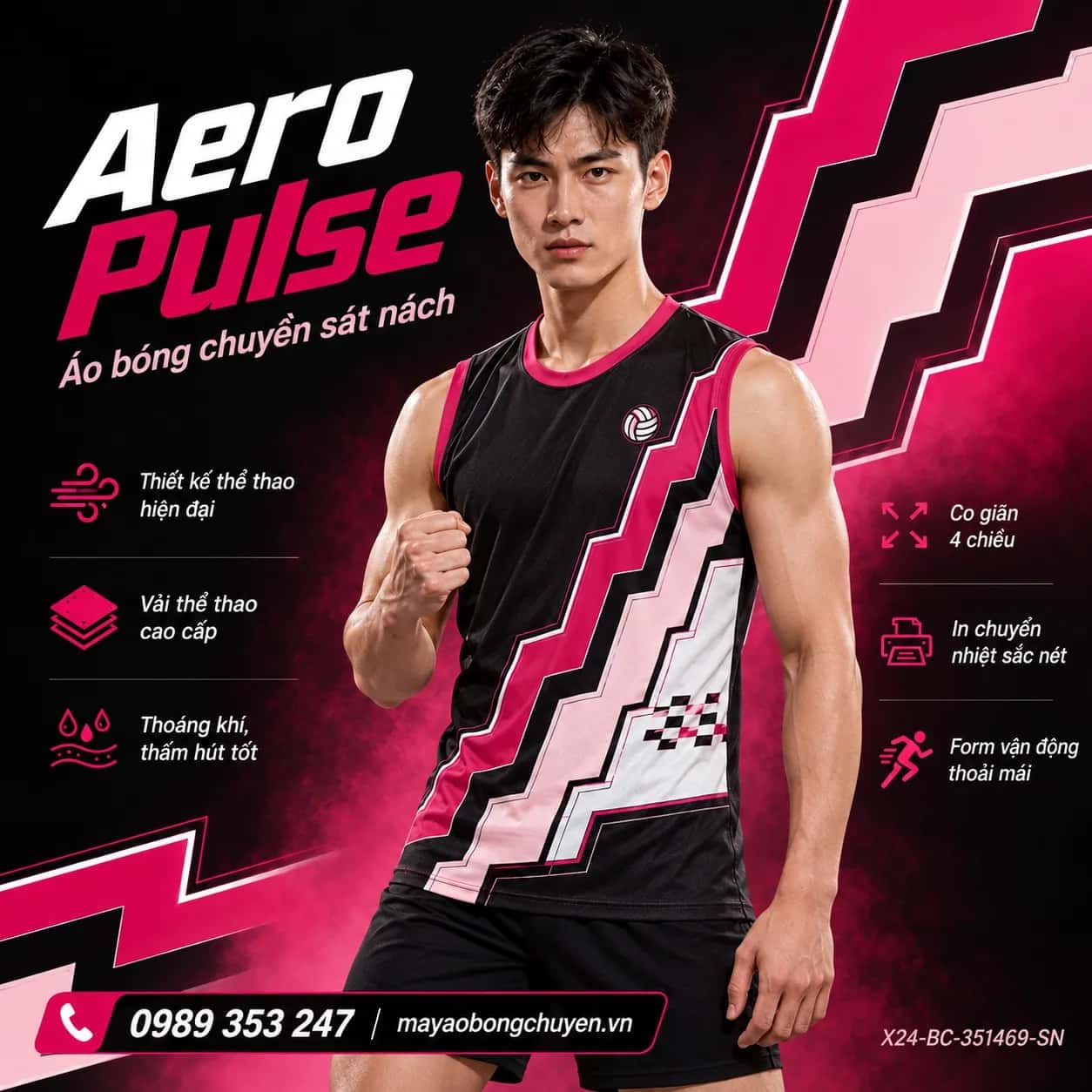 Áo bóng chuyền sát nách Aero Pulse phối đen hồng magenta đặt đội