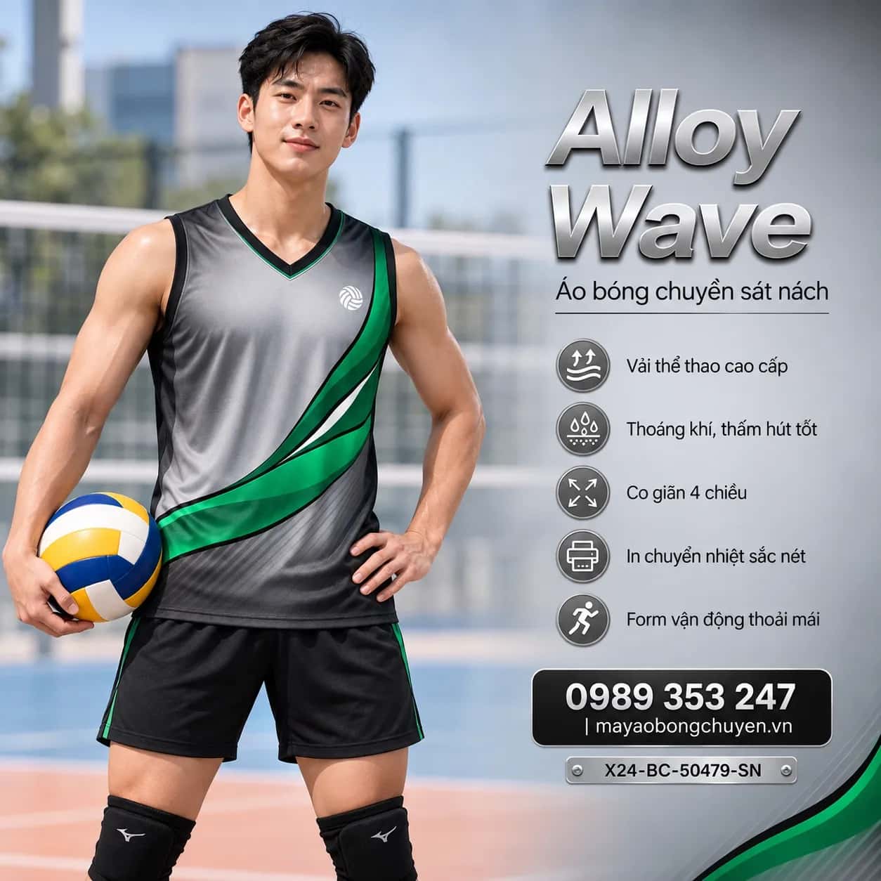 Áo bóng chuyền sát nách Alloy Wave phối xám bạc xanh emerald đặt đội