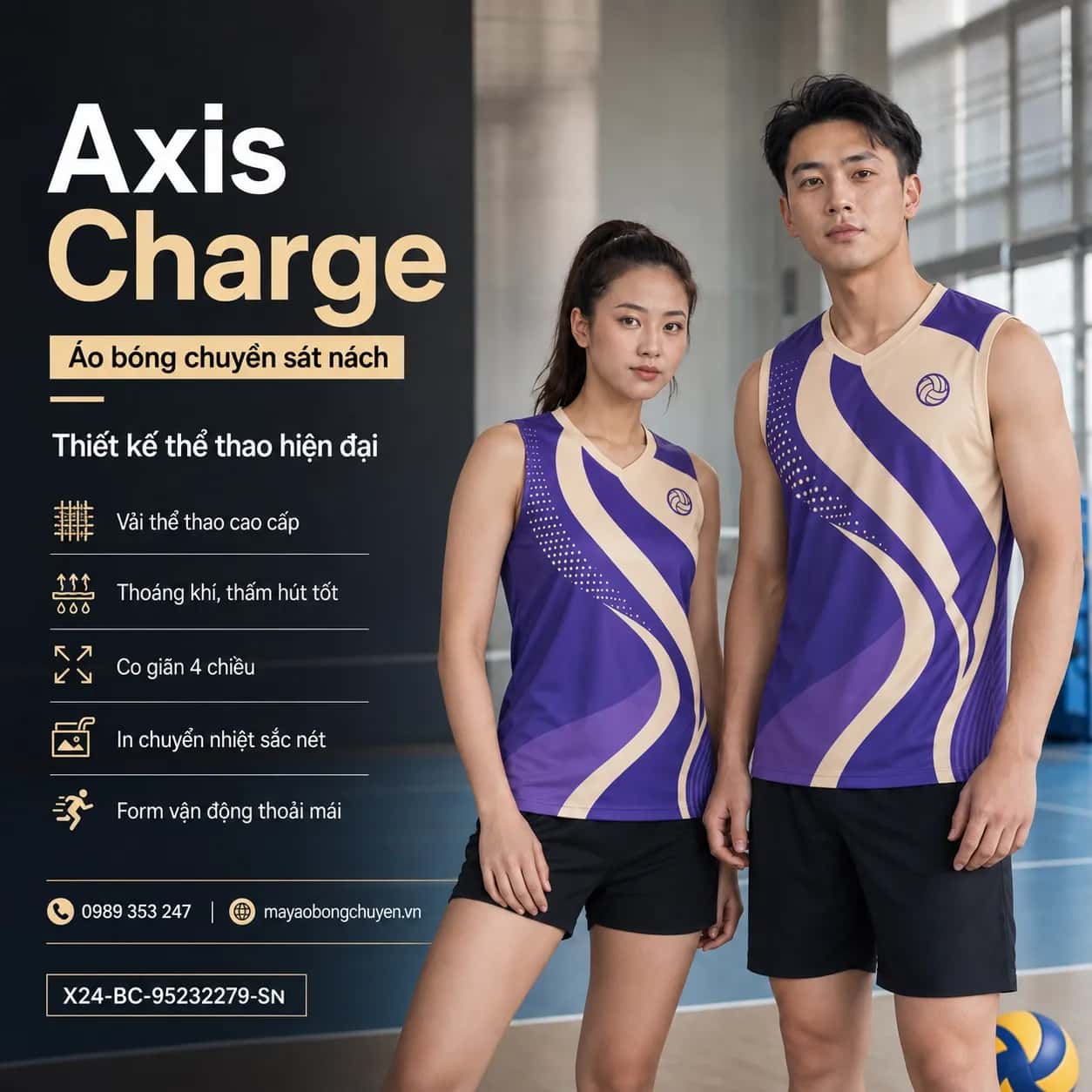 Áo bóng chuyền sát nách Axis Charge phối tím violet kem ấm đặt đội
