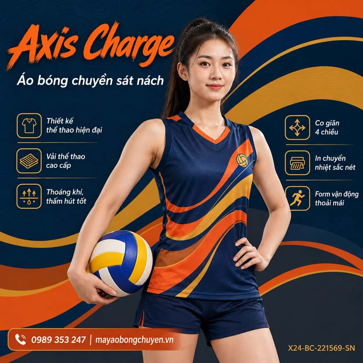 Áo bóng chuyền sát nách Axis Charge phối xanh navy cam cháy đặt đội