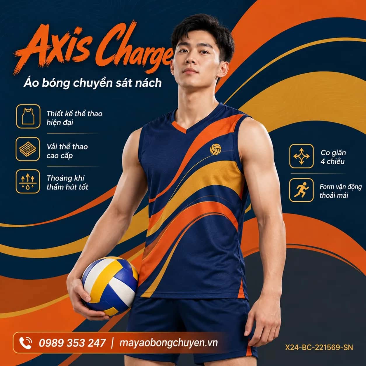 Áo bóng chuyền sát nách Axis Charge phối xanh navy cam cháy đặt đội