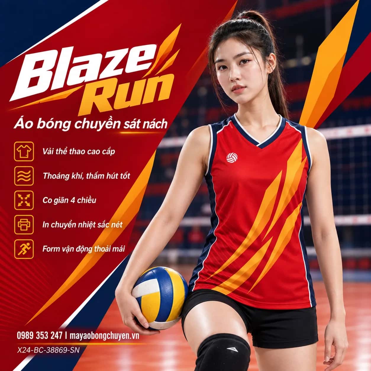 Áo bóng chuyền sát nách Blaze Run phối đỏ cam hổ phách đặt đội