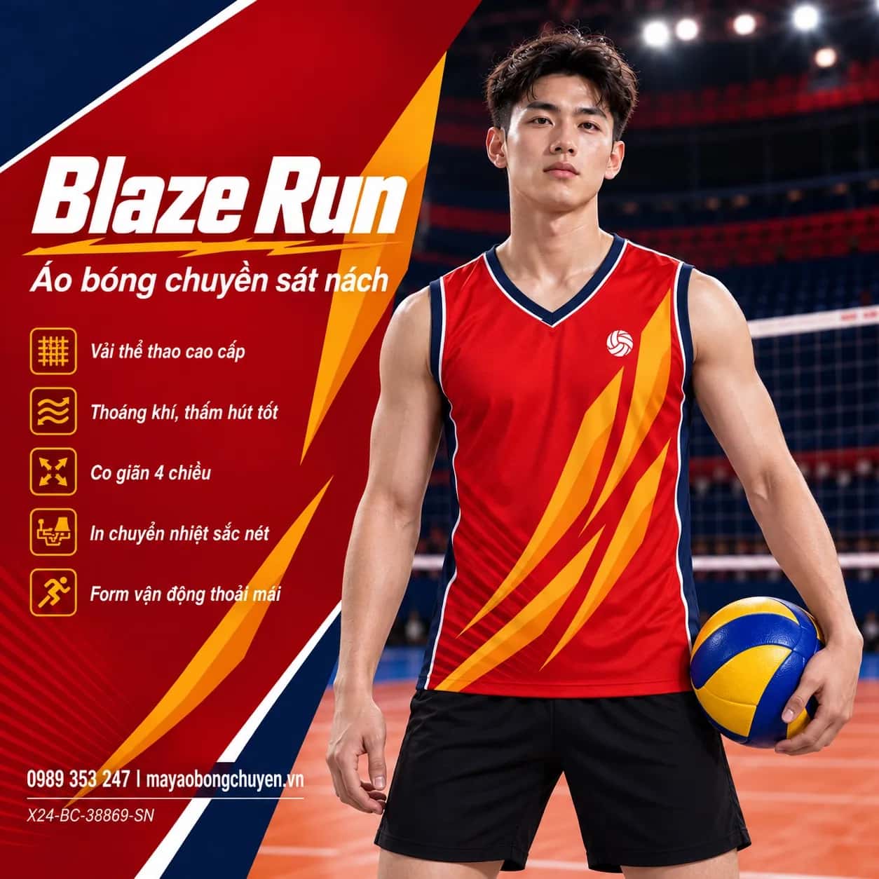 Áo bóng chuyền sát nách Blaze Run phối đỏ cam hổ phách đặt đội