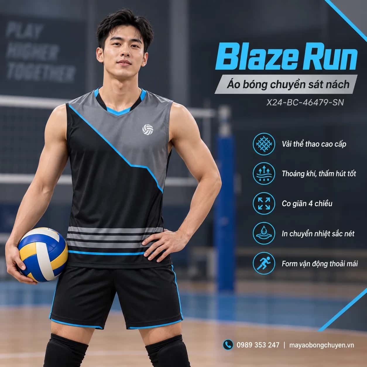 Áo bóng chuyền sát nách Blaze Run phối xám graphite xanh cyan đặt đội