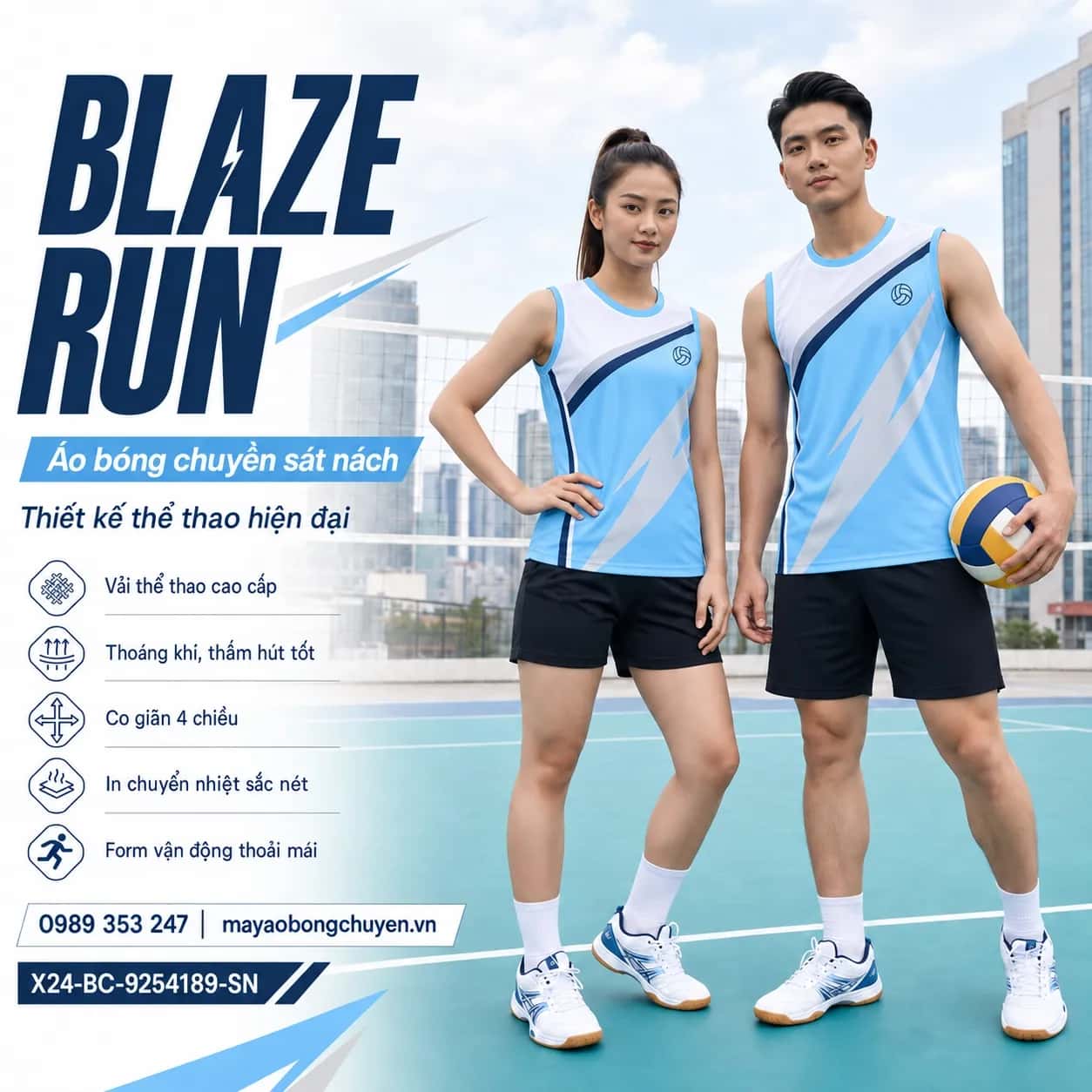Áo bóng chuyền sát nách Blaze Run phối xanh da trời xám bạc đặt đội
