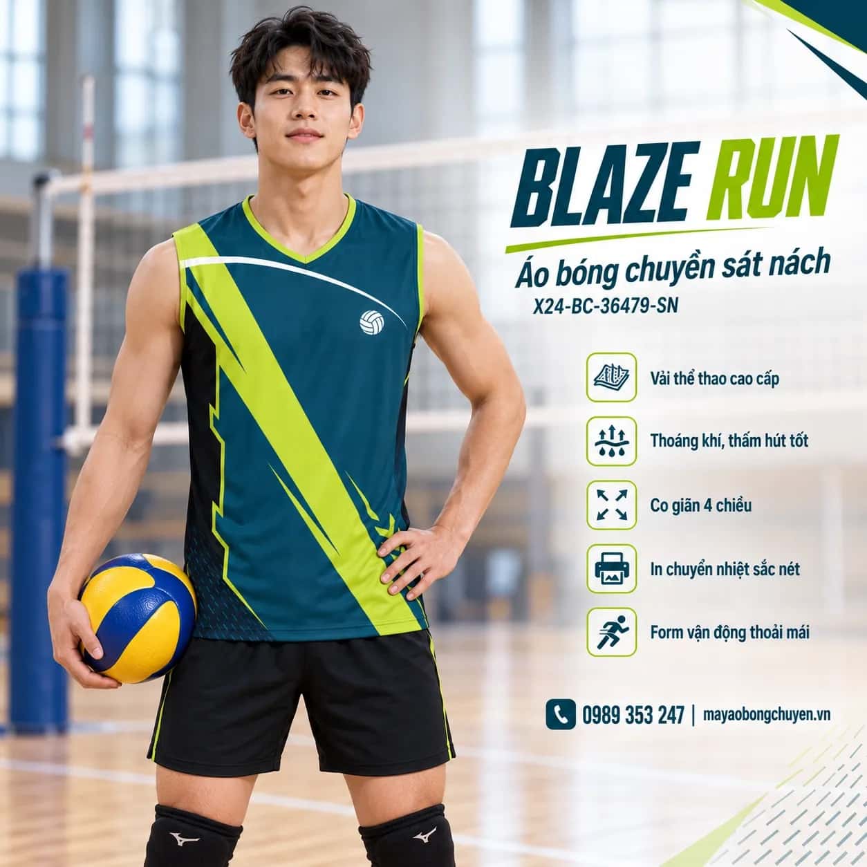 Áo bóng chuyền sát nách Blaze Run phối xanh petrol xanh lime đặt đội