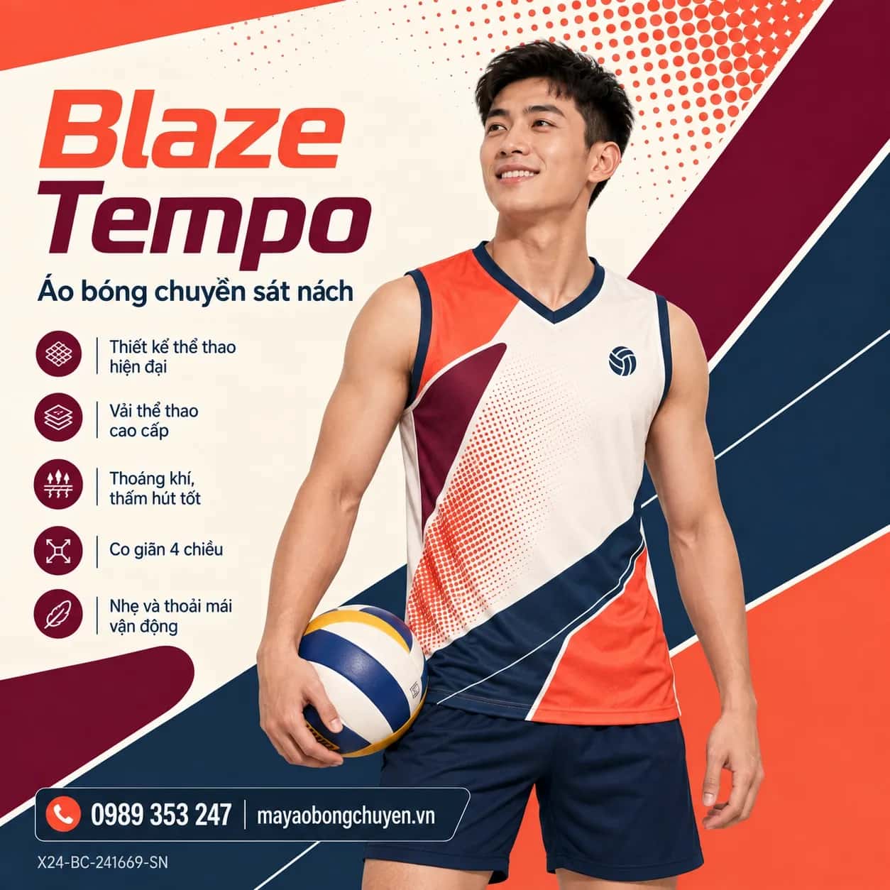 Áo bóng chuyền sát nách Blaze Tempo phối cam san hô trắng kem đặt đội