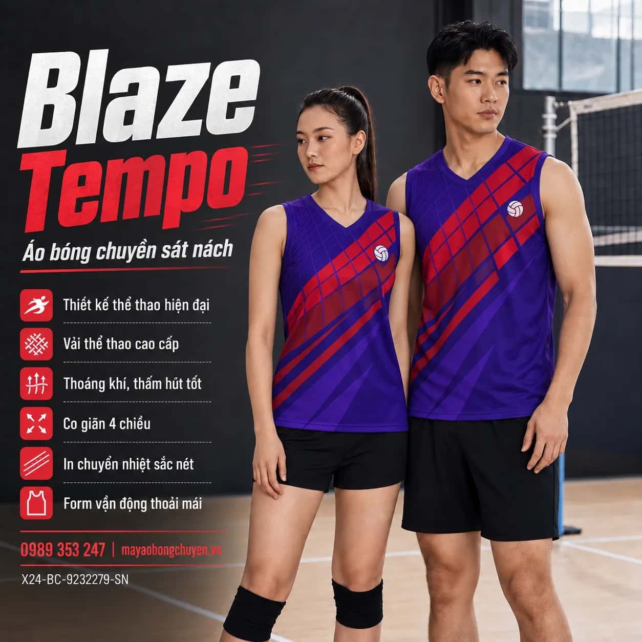 Áo bóng chuyền sát nách Blaze Tempo phối tím violet đỏ crimson đặt đội